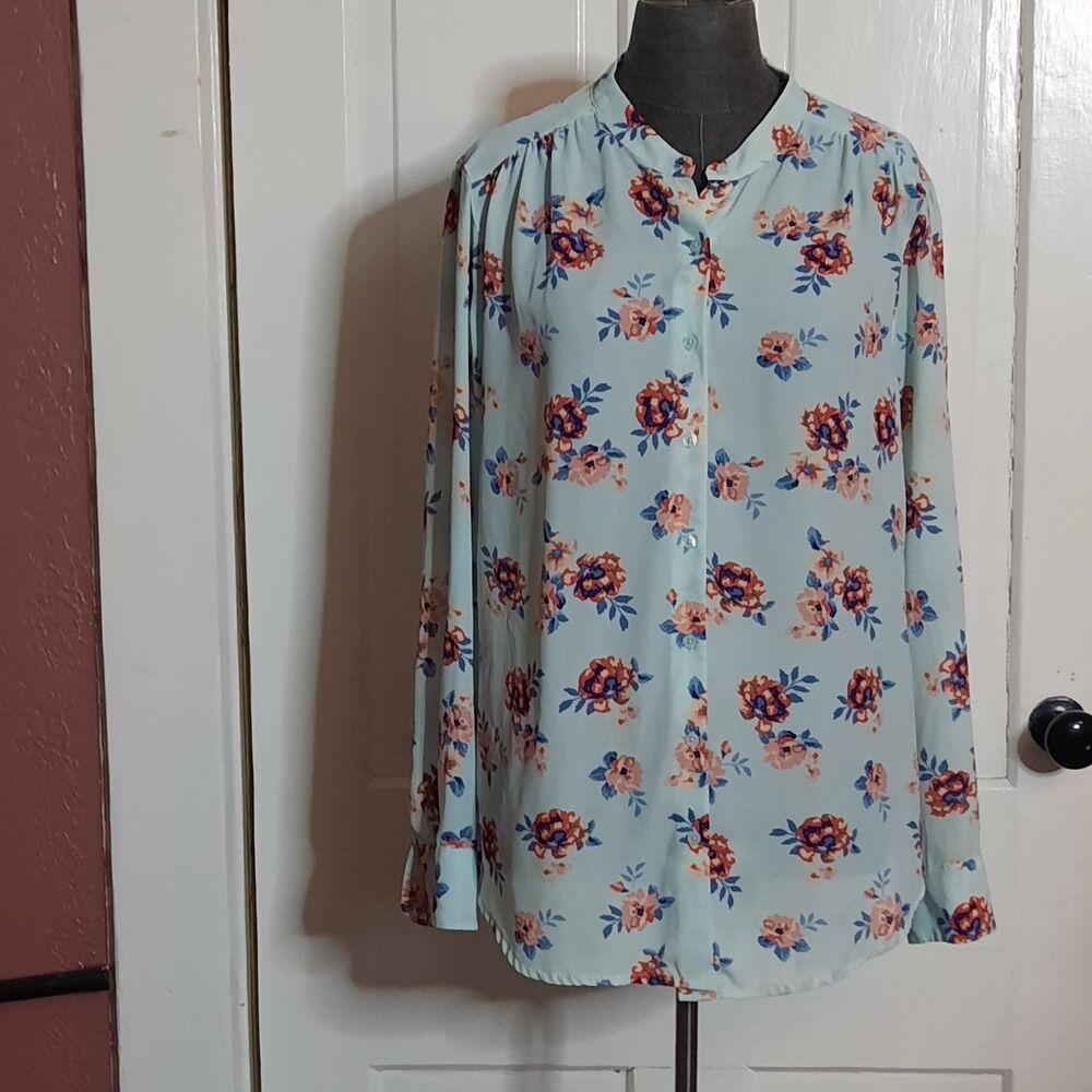 Faded Glory Spring Florals Flowy Robin Egg Blue Band Collar Button Blouse EUC LG